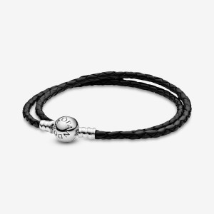 Charm Pandora Moments Double Black Leather Sterling Silver | 361795-HGI