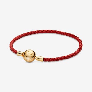 Charm Pandora Moments Red Woven Leather Gold Plated | 790863-FSN